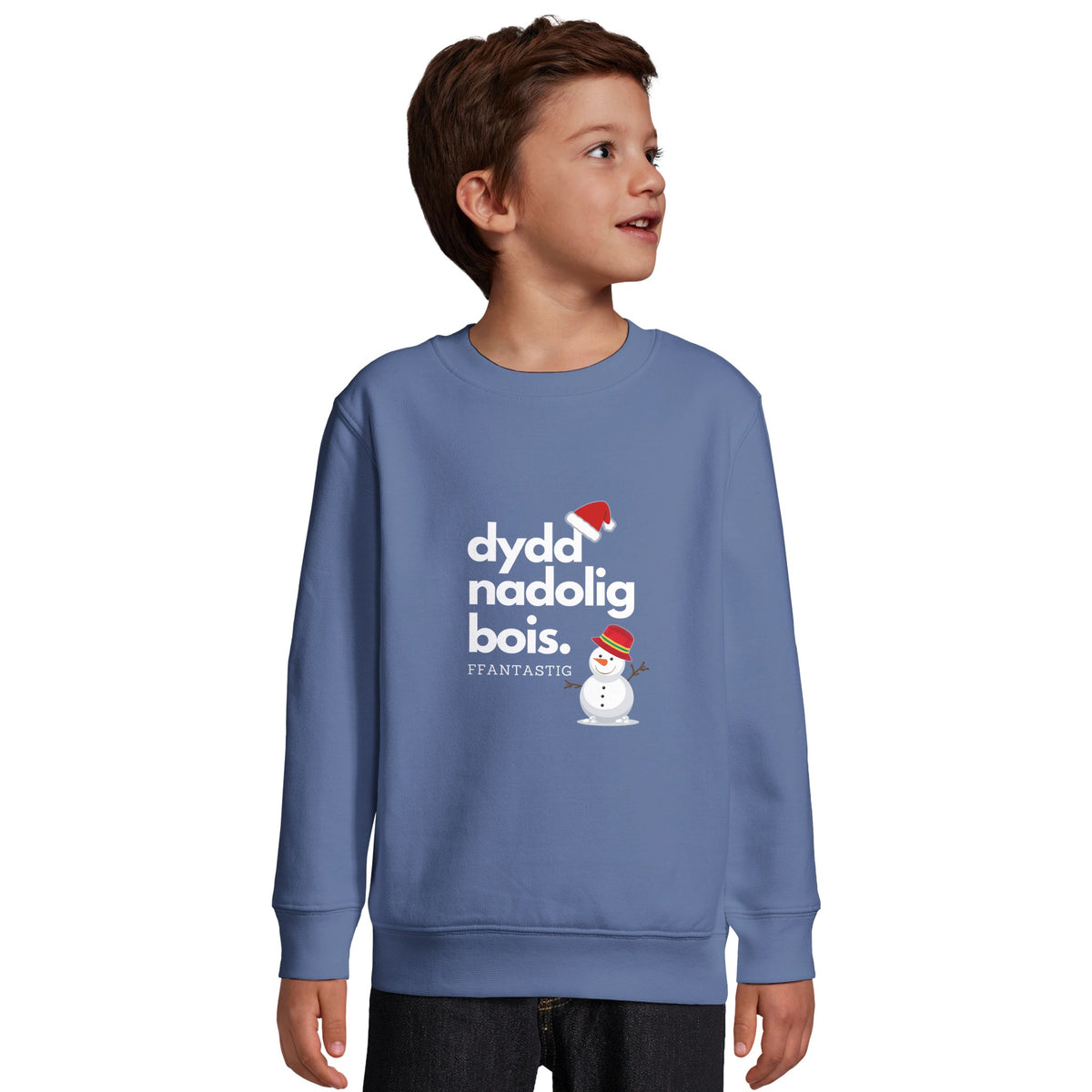 Kids - Dydd Nadolig Bois, Ffantastig – Welsh Christmas Jumper – Grey Melange