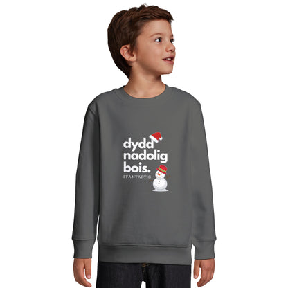 Kids - Dydd Nadolig Bois, Ffantastig – Welsh Christmas Jumper – Blue